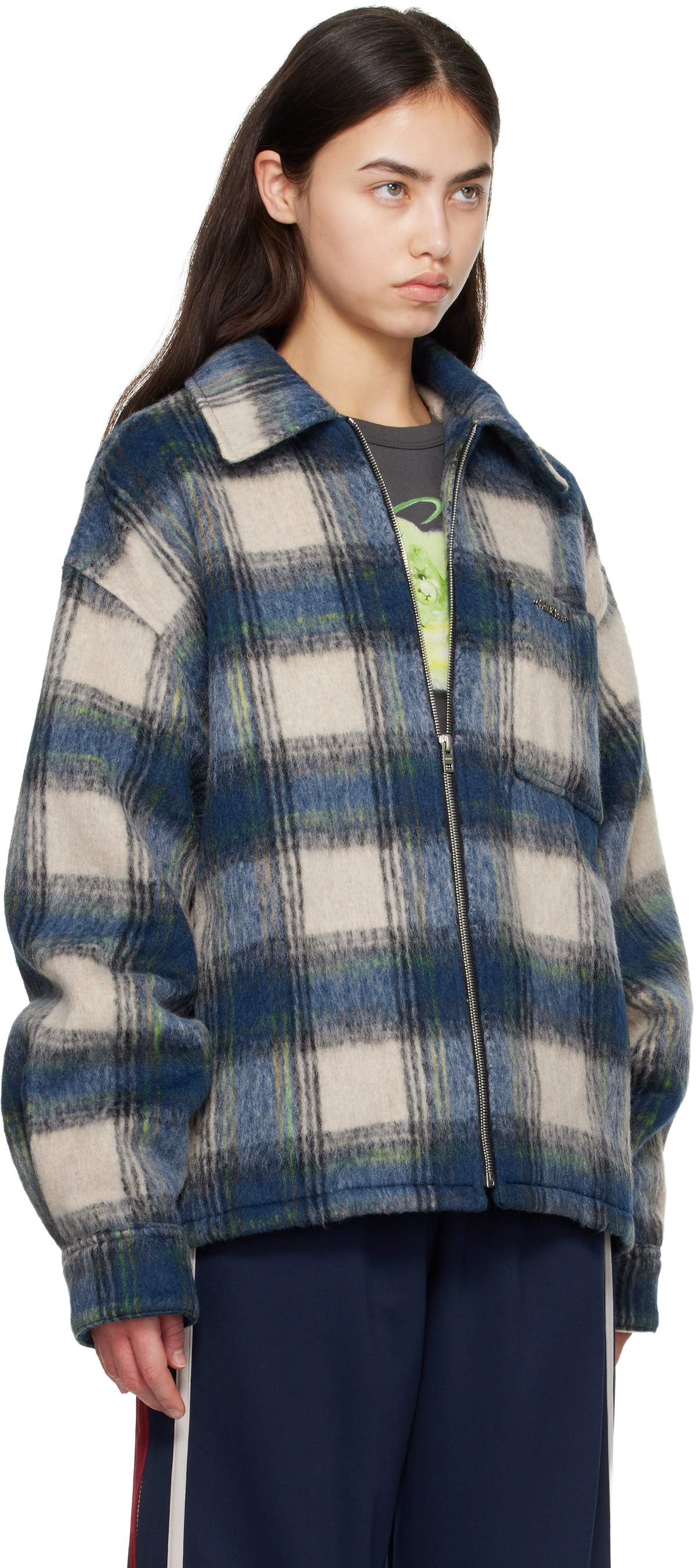 We11done Blue Script Logo Check Shirt Jacket