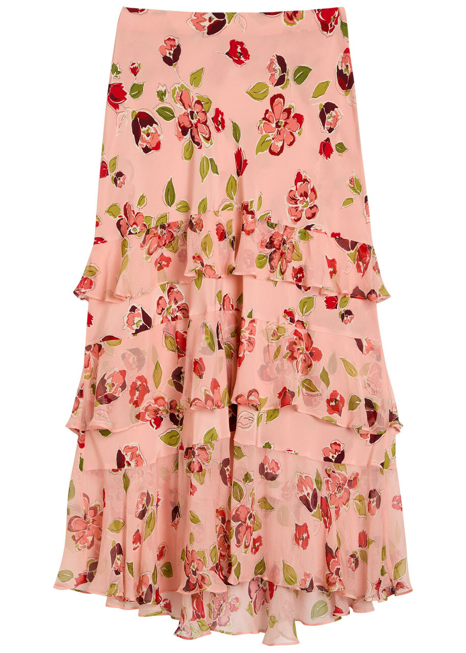 Rixo Preslee Floral Ruffled Silk-chiffon Midi Skirt Pink