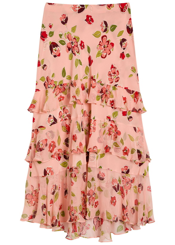 Photo: Rixo Preslee Floral Ruffled Silk-chiffon Midi Skirt Pink