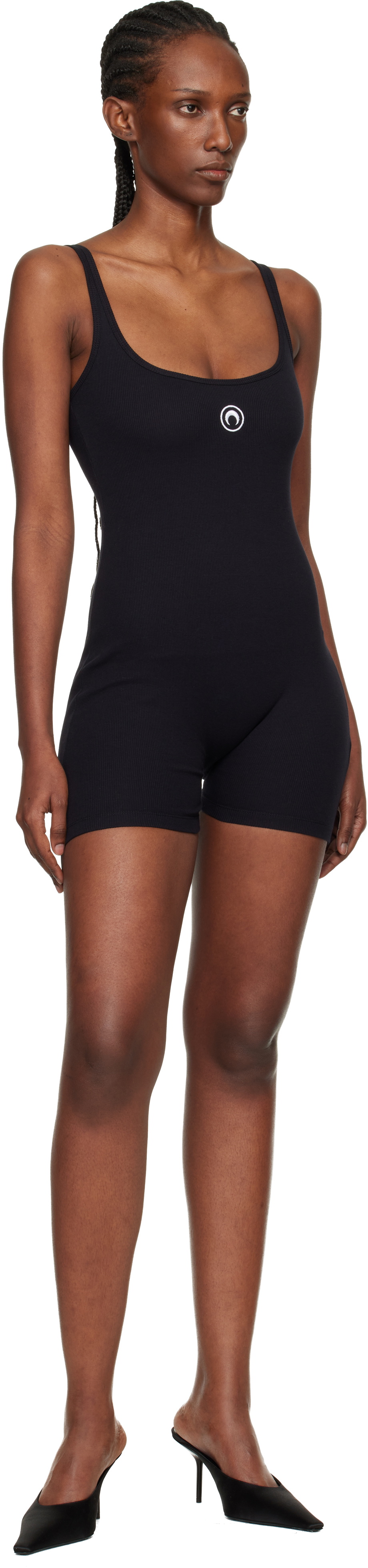 Marine Serre Black Moon Logo Ribbed Jersey Short Jumpsuit