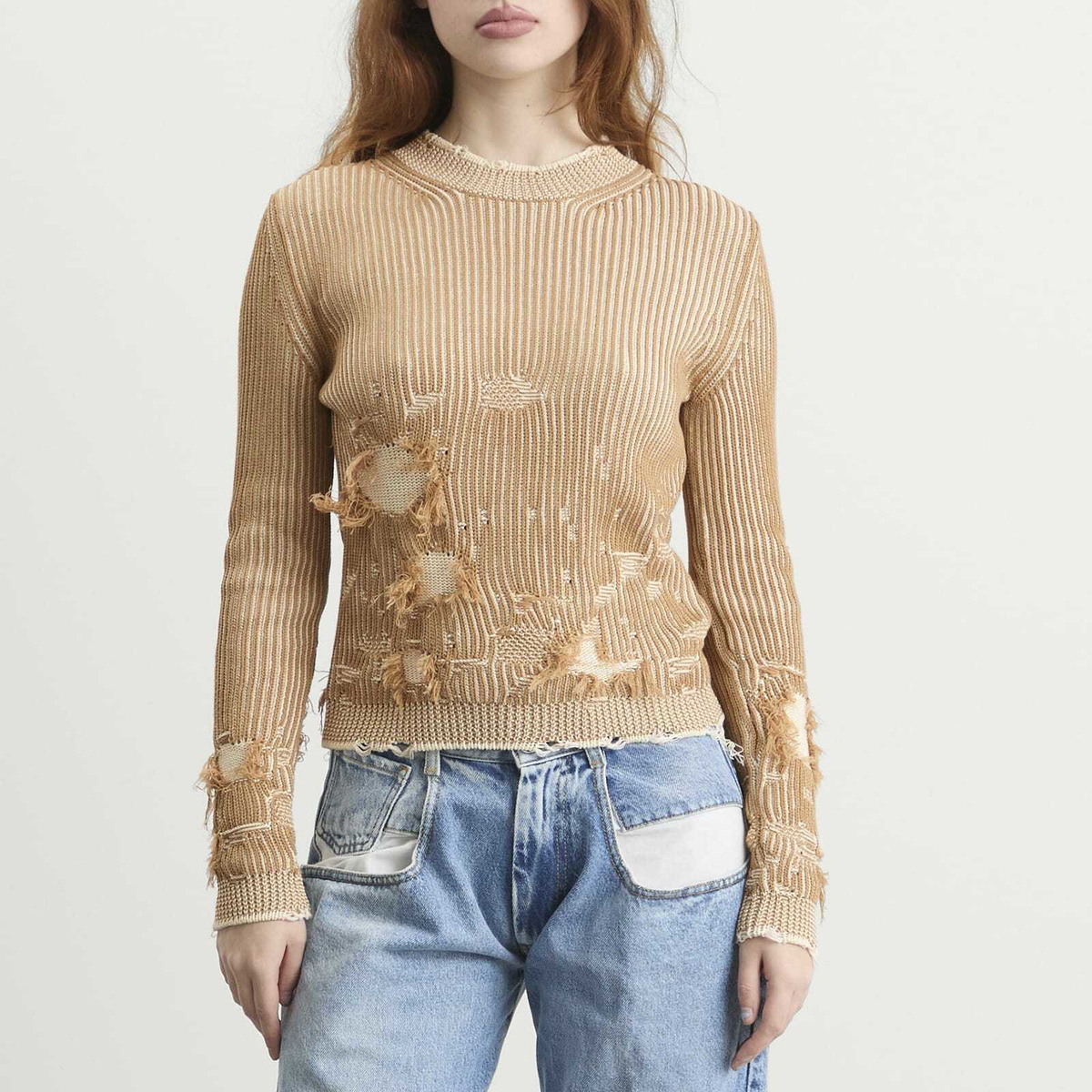 MM6 Maison Margiela Women's Shredded Knit Jumper in Camel/Chalk