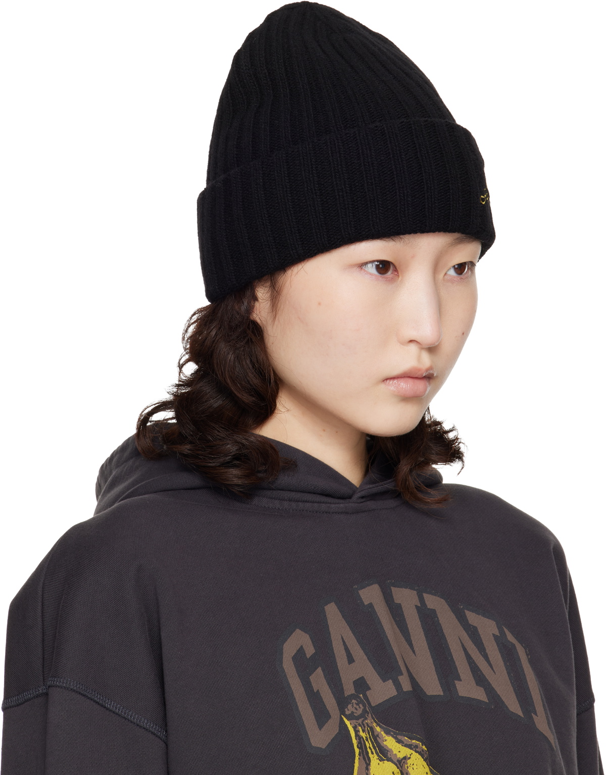 GANNI Black Wool Knit Beanie