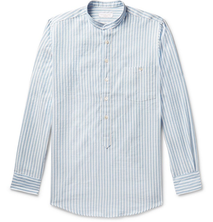 Photo: Richard James - Grandad-Collar Striped Cotton and Linen-Blend Half-Placket Shirt - Light blue