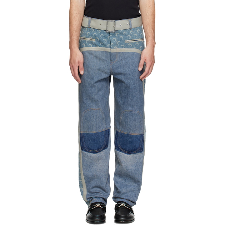 Photo: Marine Serre Blue Regenerated Denim Belted Baggy Jeans