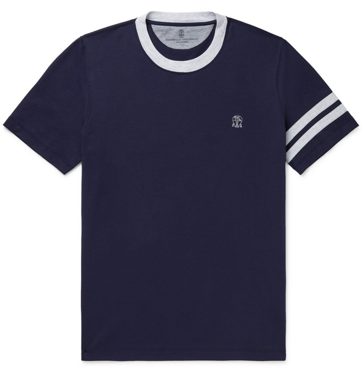 Photo: Brunello Cucinelli - Slim-Fit Logo-Embroidered Striped Cotton-Jersey T-Shirt - Blue