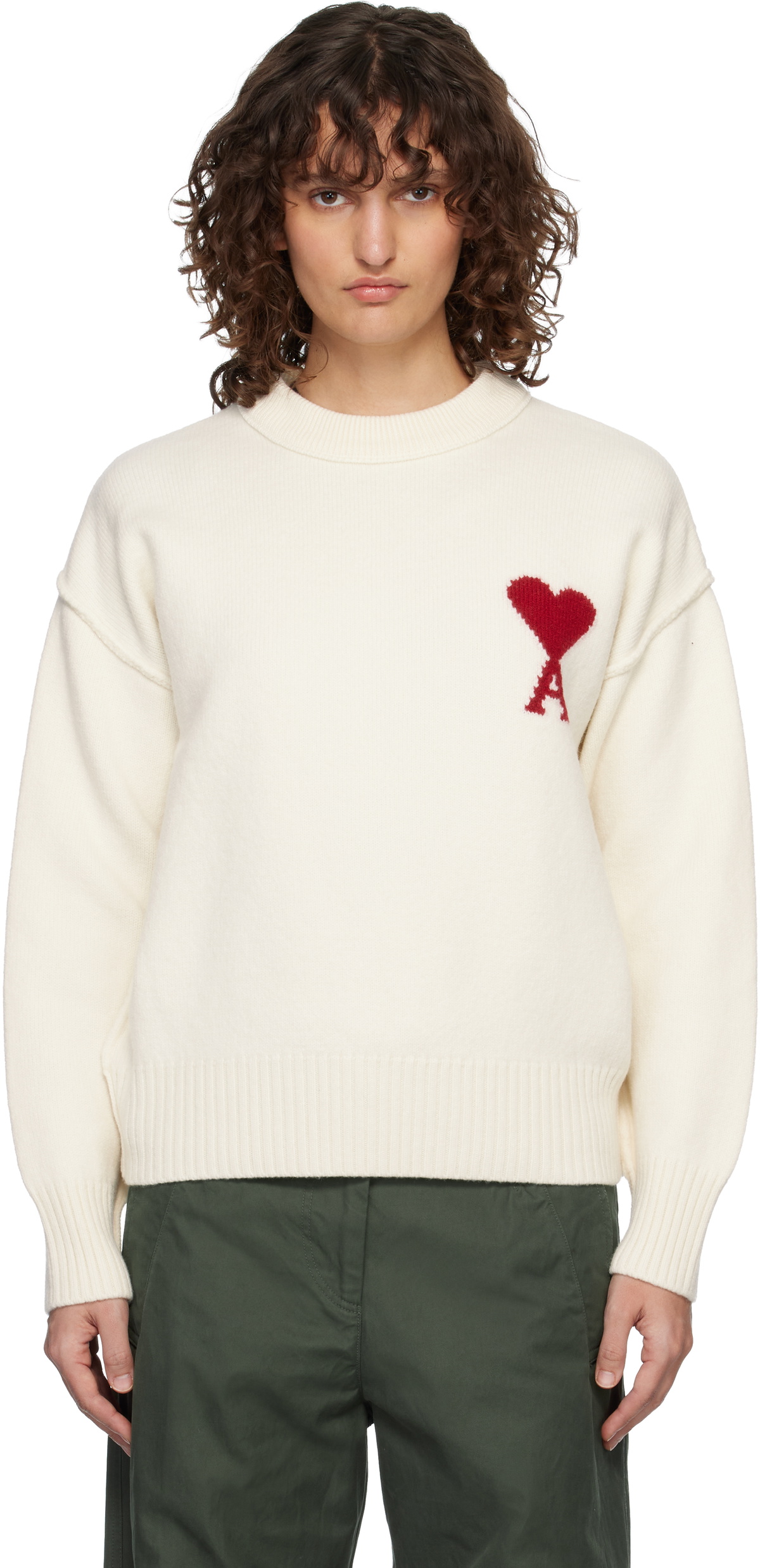 AMI Paris Off-White Wool Crewneck Ami de Coeur Sweater