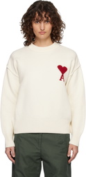 AMI Paris Off-White Wool Crewneck Ami de Coeur Sweater