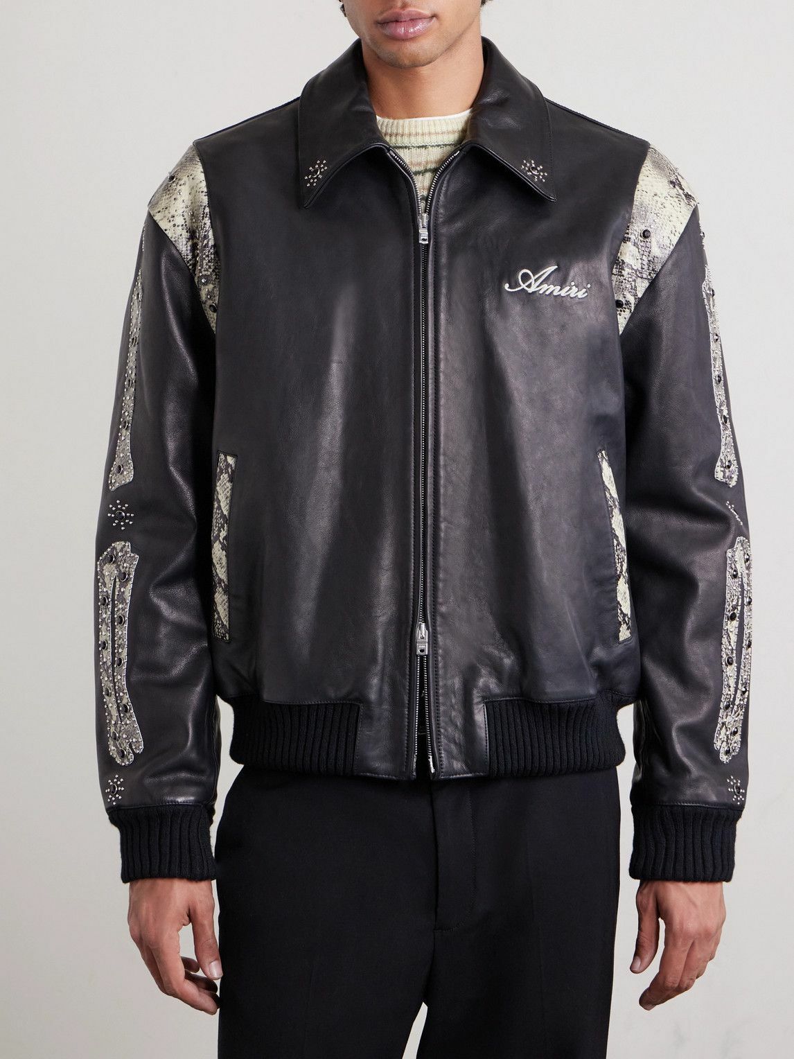 AMIRI - Bones Snake-Effect Panelled Studded Logo-Embroidered Leather Jacket - Black