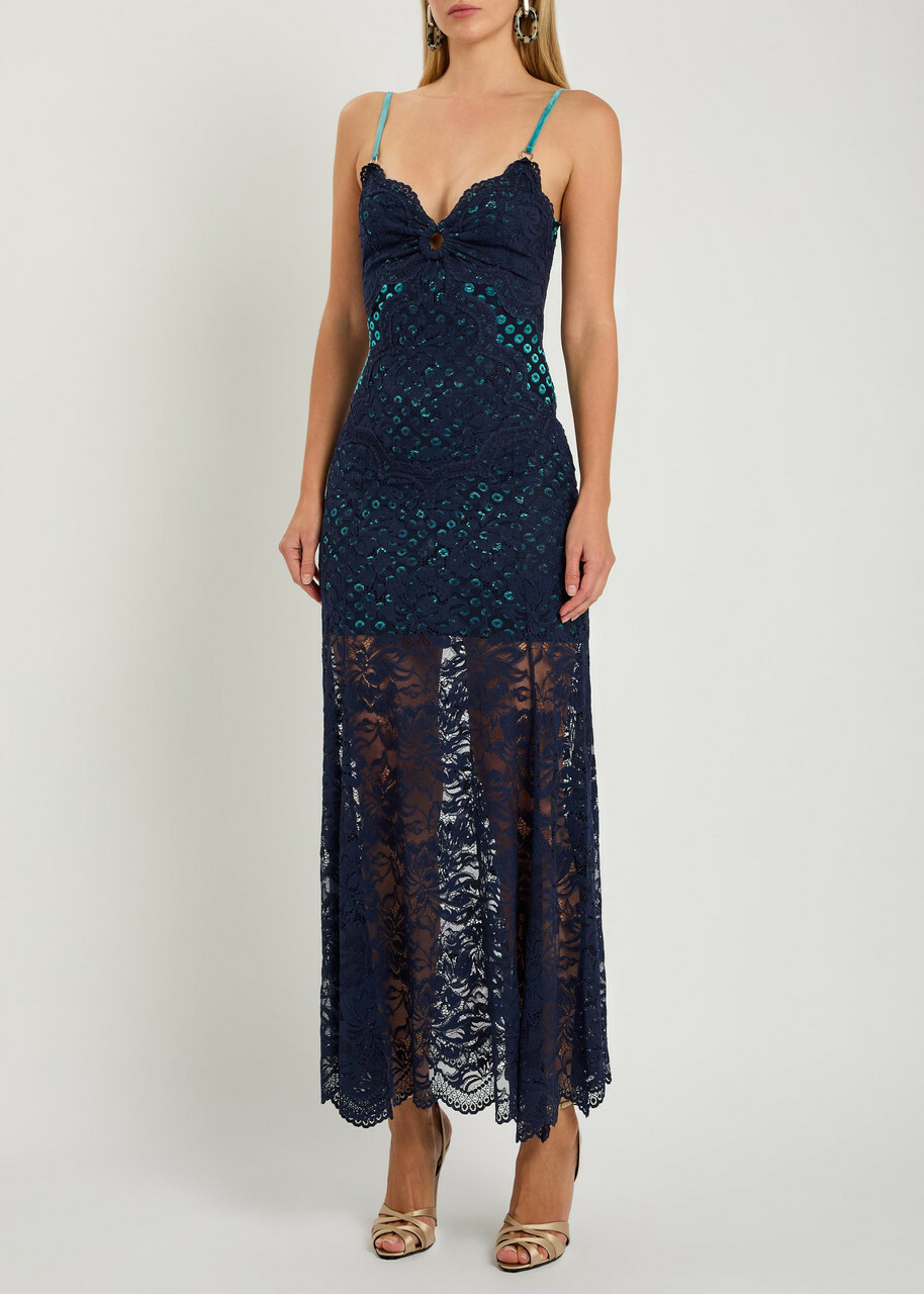 Rabanne Eyelet-devoré Lace Maxi Dress Navy