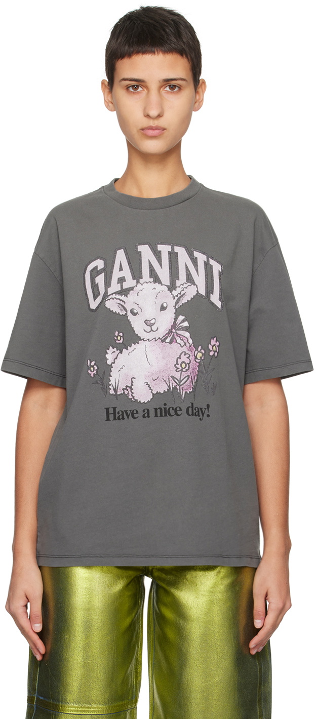 GANNI Gray Future Lamb T-Shirt GANNI