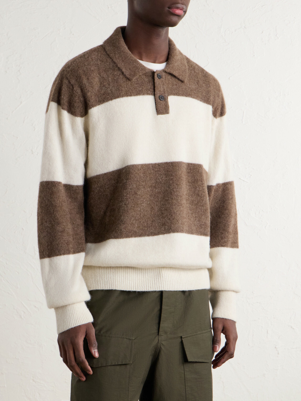 Corridor - Striped Woven Brushed Alpaca-Blend Polo Sweater - Brown