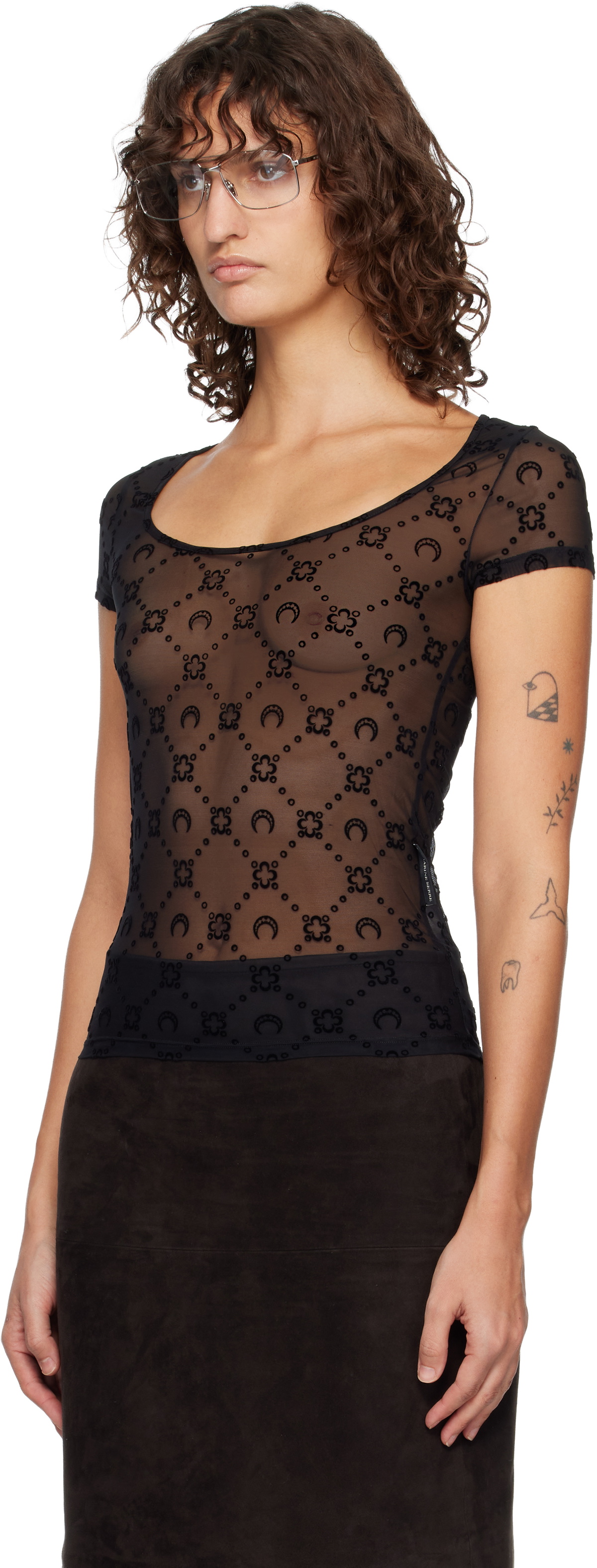Marine Serre Black Recycled Mesh Flock Open Neck T-shirt
