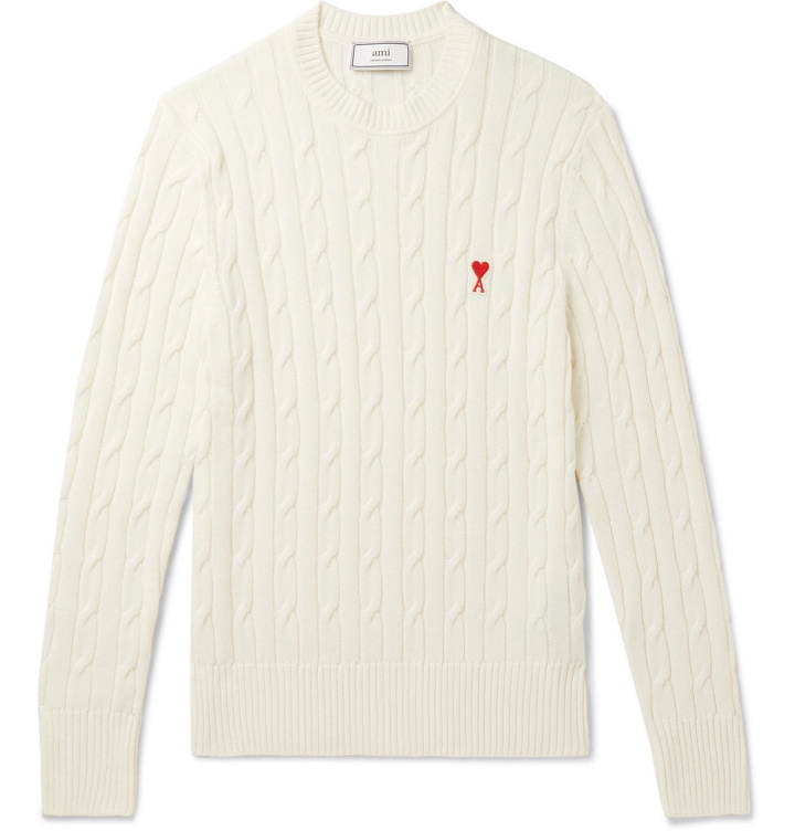 Photo: AMI - Slim-Fit Logo-Appliquéd Cable-Knit Cotton and Merino Wool-Blend Sweater - Neutrals
