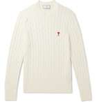 AMI - Slim-Fit Logo-Appliquéd Cable-Knit Cotton and Merino Wool-Blend Sweater - Neutrals