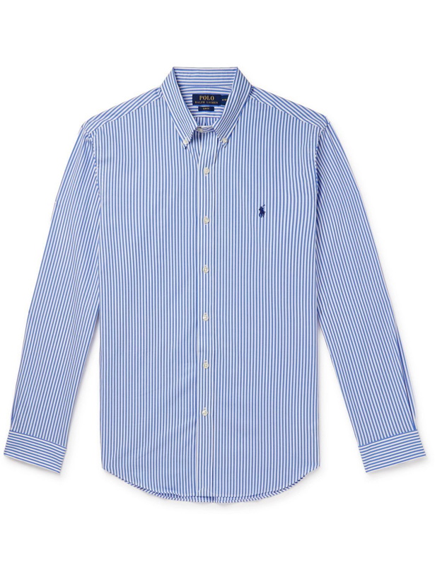 Photo: Polo Ralph Lauren - Button-Down Collar Logo-Embroidered Striped Cotton-Blend Poplin Shirt - Blue
