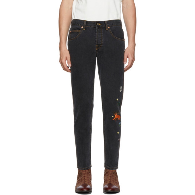 Fern Junction Behov for Gucci Black Embroidered Tapered Jeans Gucci