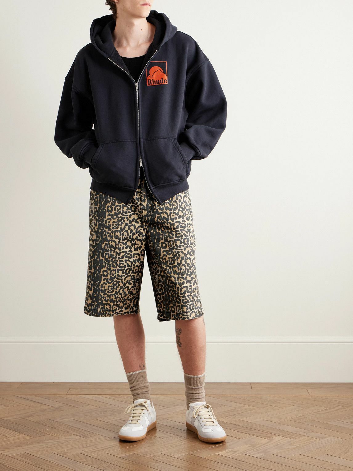 Rhude - Wide-Leg Leopard-Print Denim Shorts - Black