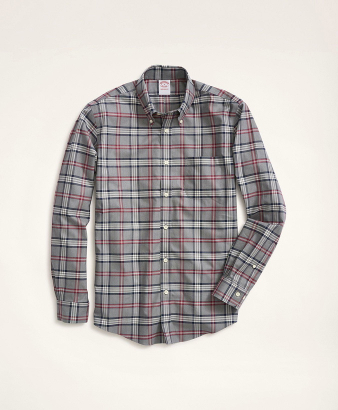 Photo: Brooks Brothers Men's Madison Relaxed-Fit Non-Iron Stretch Twill Tartan Shirt | Grey Heather