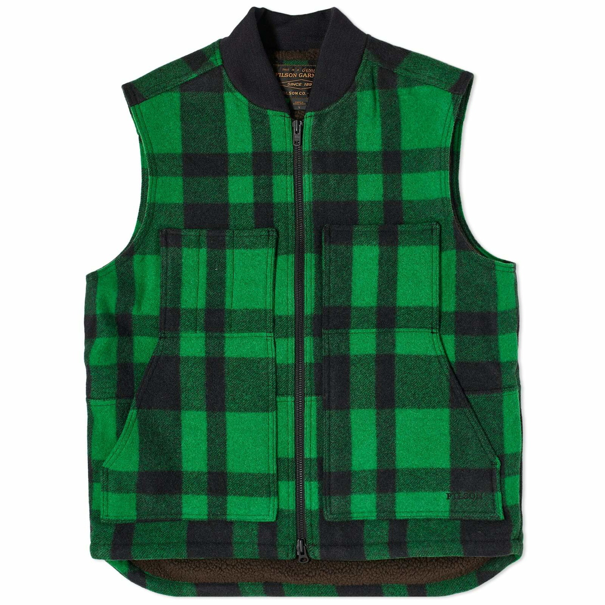 Filson Men's Lined Mackinaw Wool Work Vest in Acid Green/Black Plaid Filson