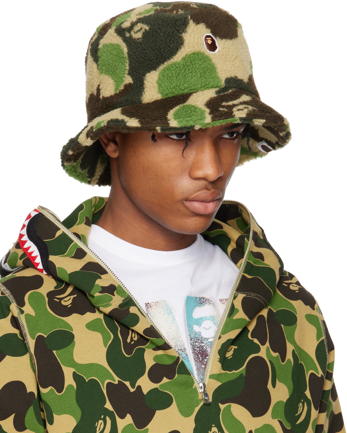 BAPE Green ABC Camo Boa Fleece Bucket Hat A Bathing Ape