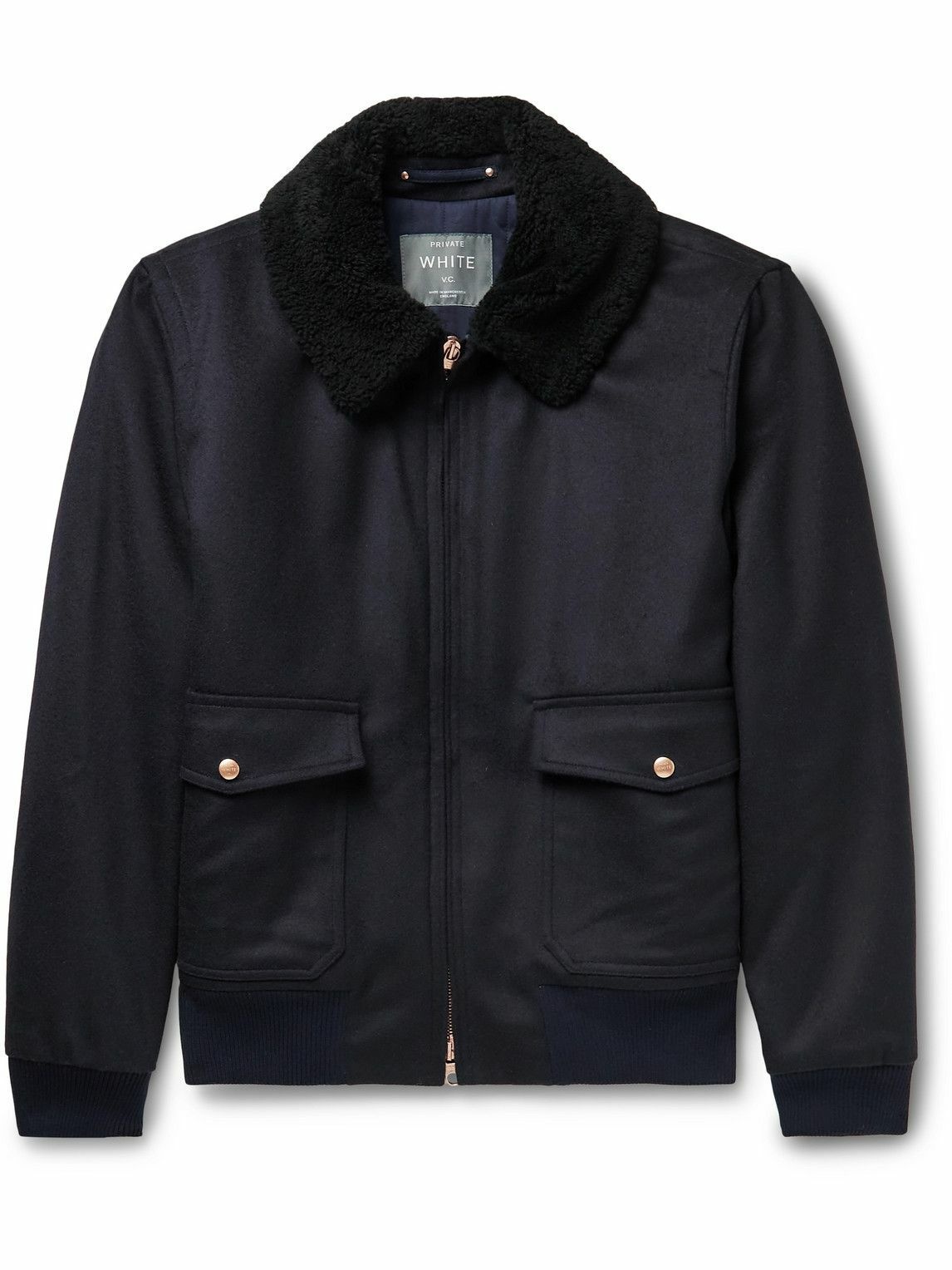 Photo: Private White V.C. - The Pilot's Shearling-Trimmed Wool Bomber Jacket - Blue