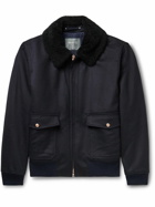 Private White V.C. - The Pilot's Shearling-Trimmed Wool Bomber Jacket - Blue