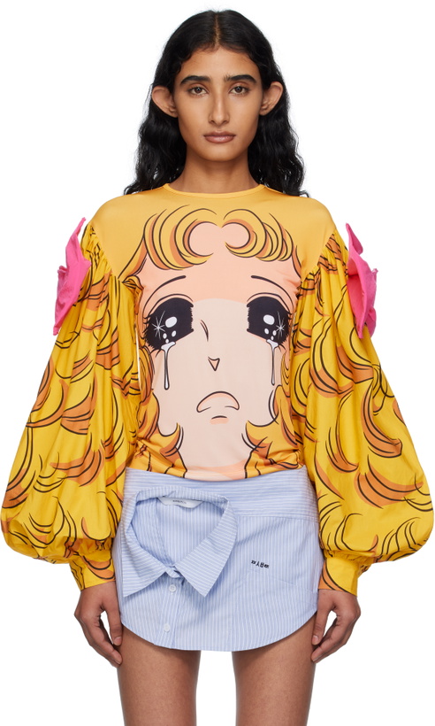 Photo: Pushbutton Yellow Crying Girl Puff Sleeve Ribbon T-shirt