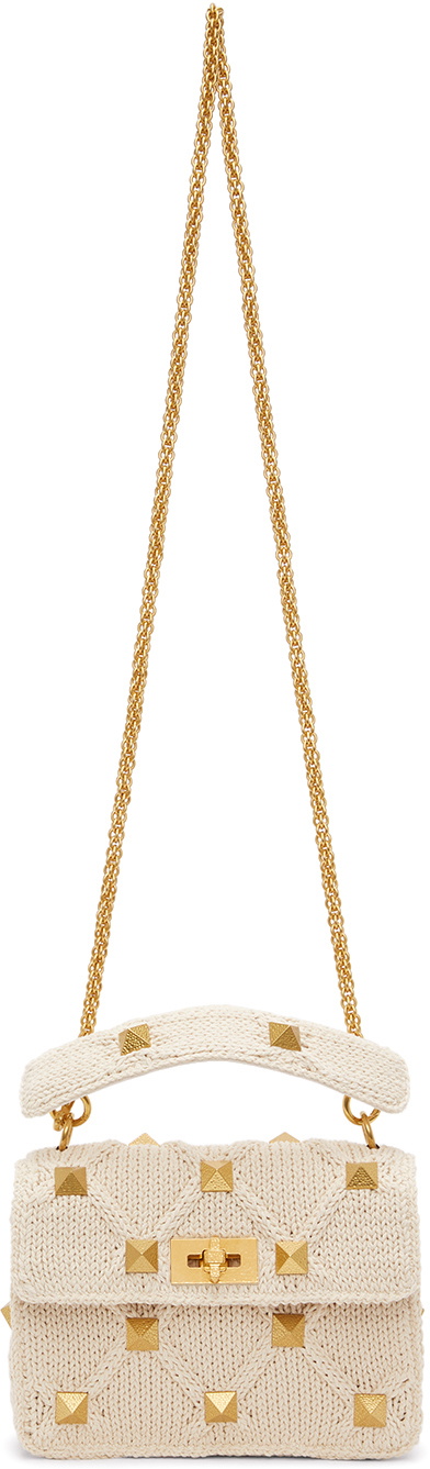 Valentino Garavani Off-White Knit Roman Stud Shoulder Bag