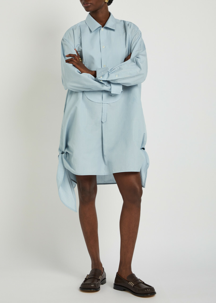 JW Anderson Knotted Cotton-blend Mini Shirt Dress Light Blue
