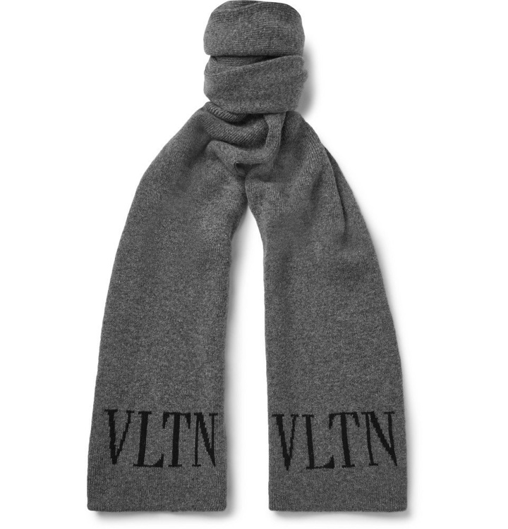 Photo: Valentino - Valentino Garavani Logo-Intarsia Virgin Wool and Cashmere Scarf - Men - Gray