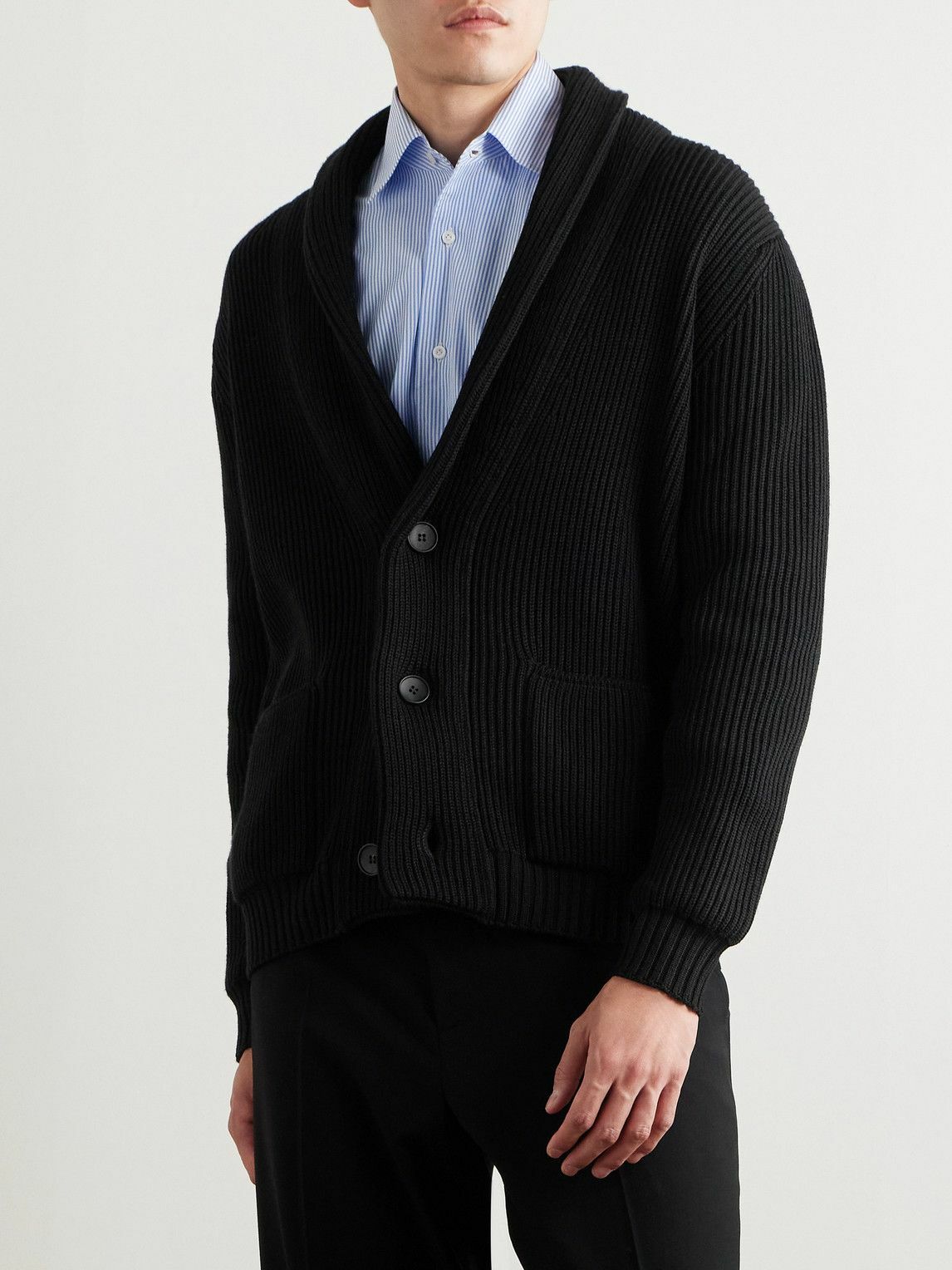 Thom Sweeney - Shawl-Collar Ribbed Merino Wool Cardigan - Black