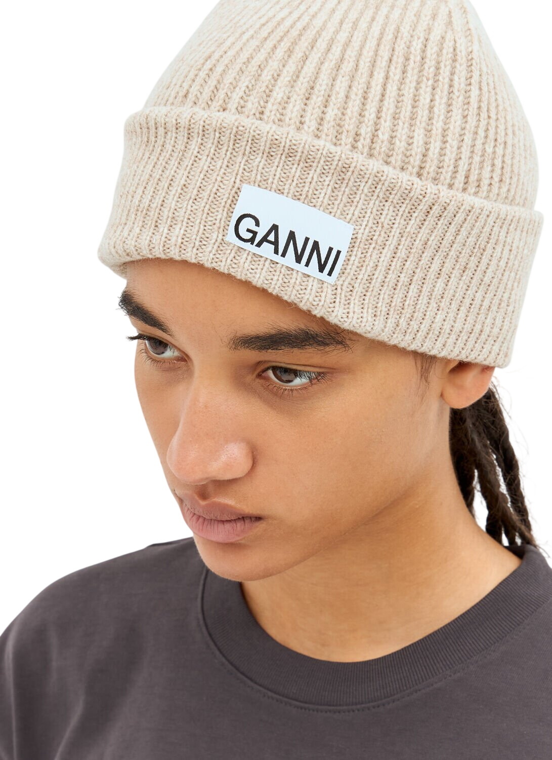GANNI Gray Oversized Wool Rib Knit Beanie GANNI