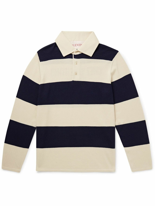 Photo: Valentino Garavani - Logo-Print Striped Virgin Wool Polo Shirt - Neutrals