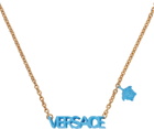 Versace Gold & Blue Logo Charm Necklace
