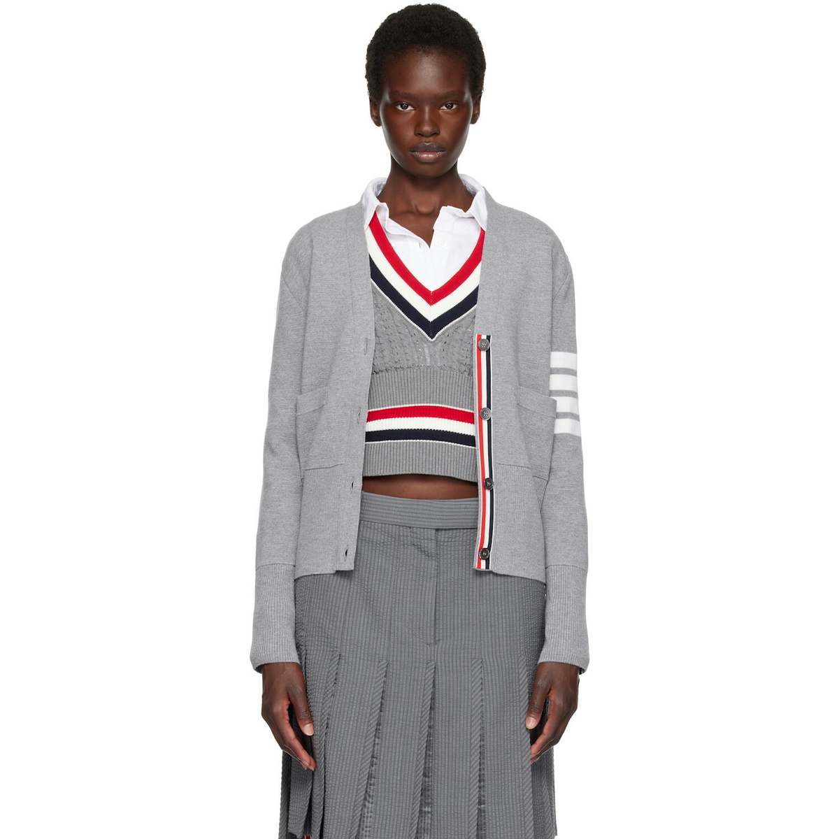 Thom Browne Gray Wool 4-Bar V-Neck Cardigan