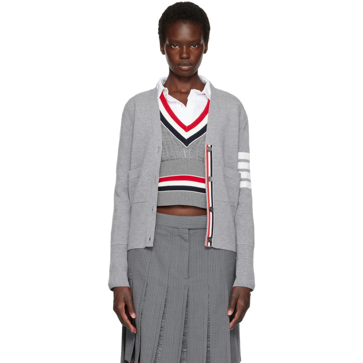 Photo: Thom Browne Gray Wool 4-Bar V-Neck Cardigan