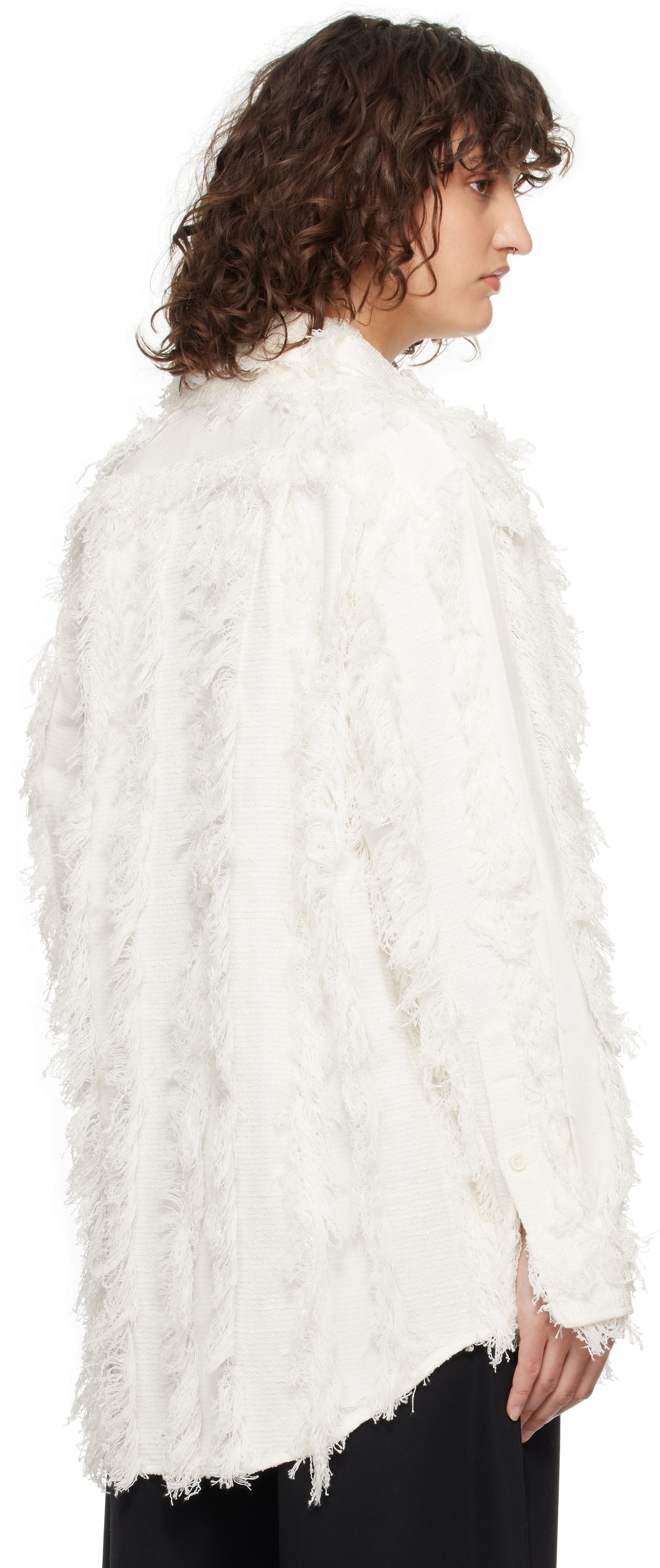 RECTO White Fringe Effect Oversized Shirt
