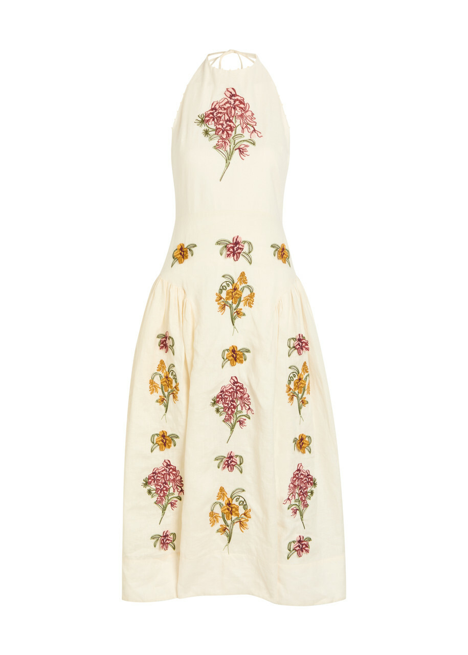 Agua BY Agua Bendita Balsa Floral-embroidered Linen Midi Dress Multicoloured