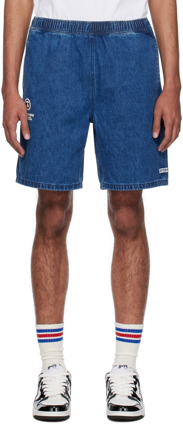 AAPE by A Bathing Ape Blue Moonface Embroidered Denim Shorts AAPE