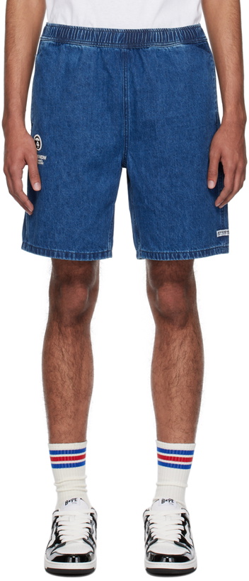 Photo: AAPE by A Bathing Ape Blue Moonface Embroidered Denim Shorts