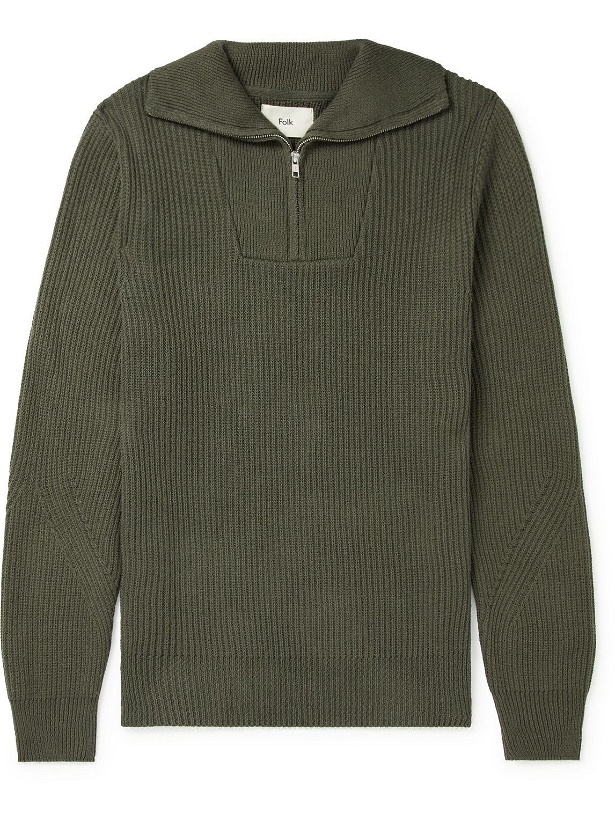 Photo: Folk - Patrice Ribbed Cotton and Wool-Blend Half-Zip Sweater - Green