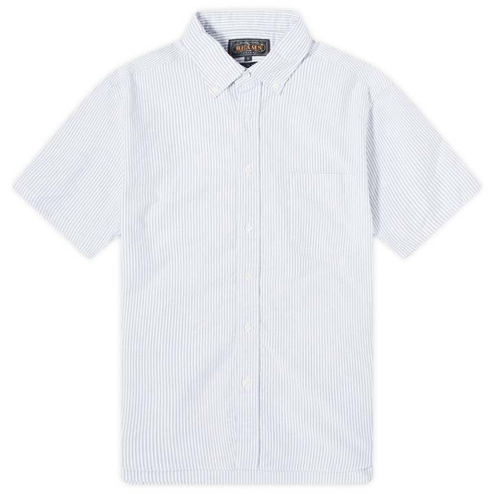 Photo: Beams Plus Men's Button Down Short Sleeve Shirt in Blue Candy Stripe