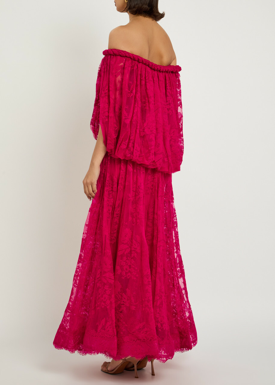 Zimmermann Luna Off-the-shoulder Lace Gown Fuchsia