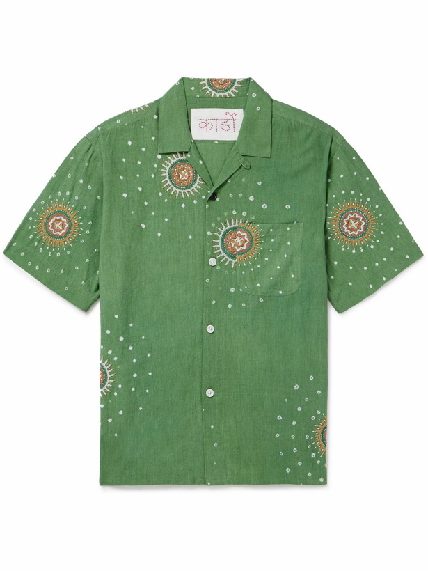 Photo: Kardo - Convertible-Collar Embroidered Cotton Shirt - Green