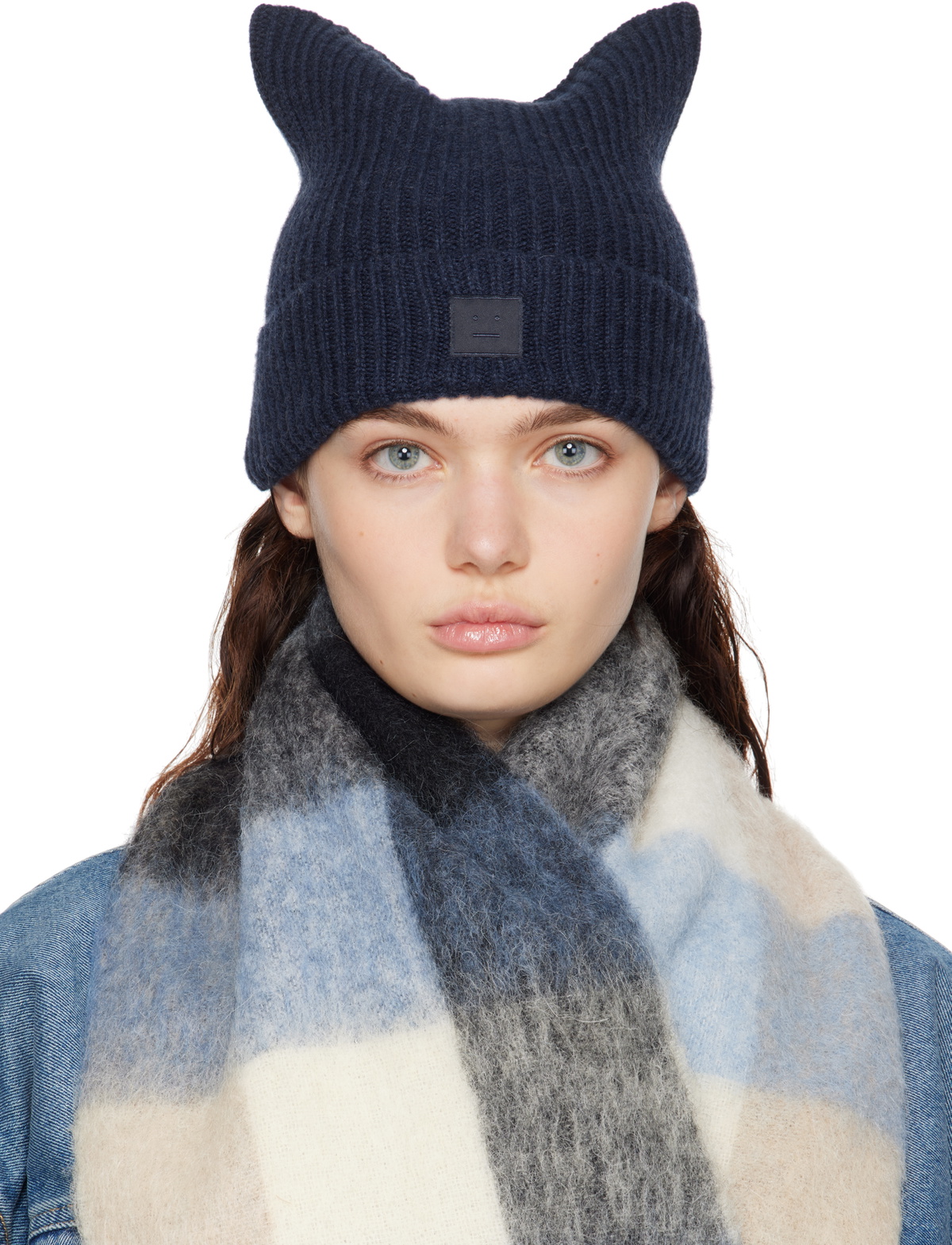Acne Studios Navy Face Logo Square Beanie Acne Studios