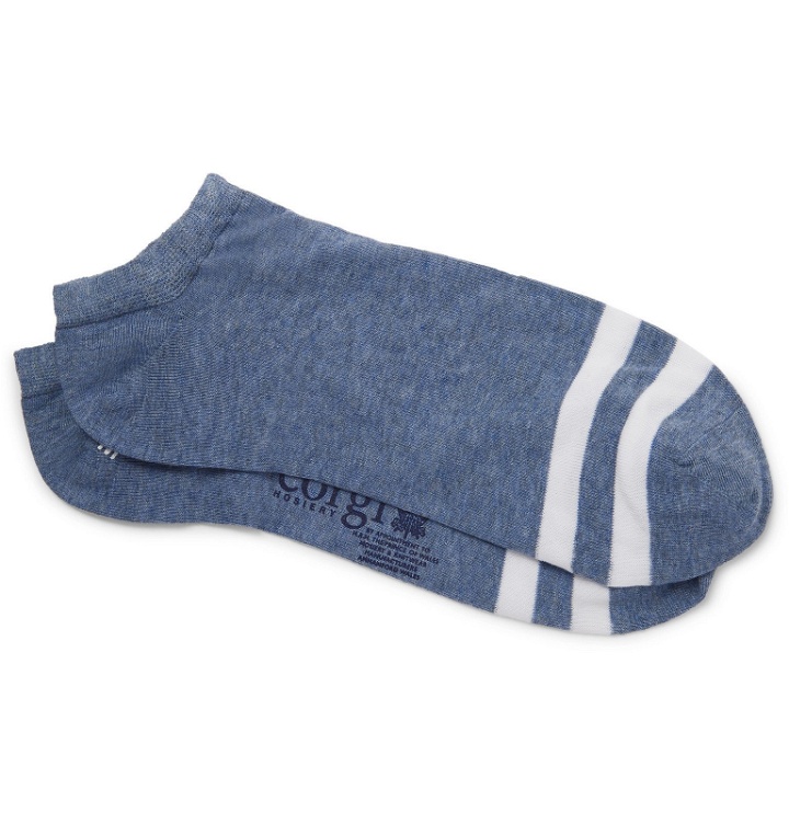 Photo: Corgi - Striped Cotton-Blend No-Show Socks - Blue