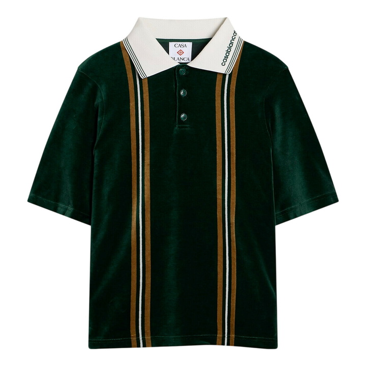Photo: Casablanca Men's Velour Stripe Polo in Velour Green/Brown/Off-White
