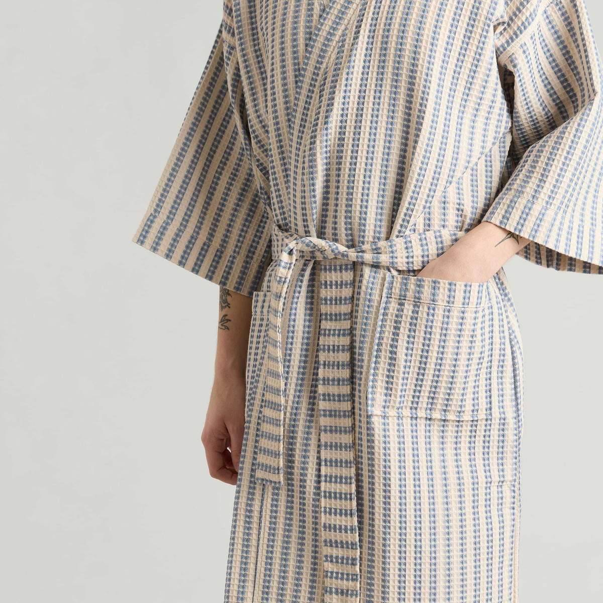HAY Waffle Bathrobe in Stripe Dusty Blue