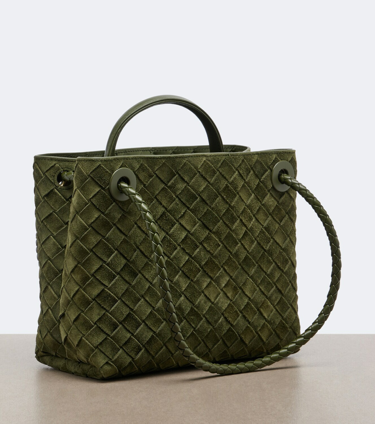 Bottega Veneta Andiamo Intrecciato Small suede top-handle bag