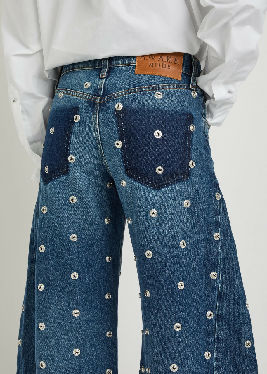 A.W.A.K.E Mode Stud-embellished Barrel-leg Jeans Blue